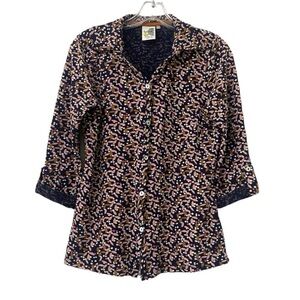 Weird Fish Ginny Organic Jersey Shirt Dark Navy Button Up 3/4 Sleeve Blouse Top